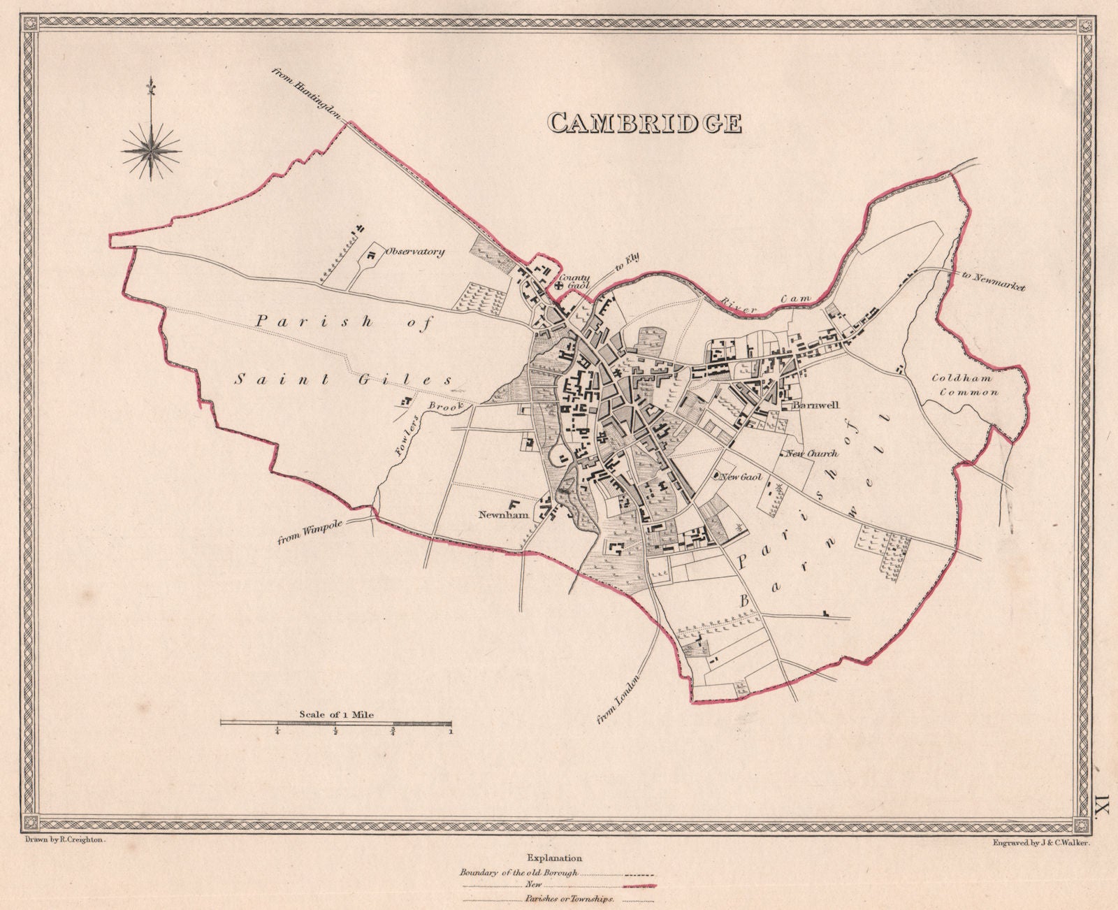 CAMBRIDGE town & borough plan. Cambridgeshire. CREIGHTON/WALKER 1835 old map
